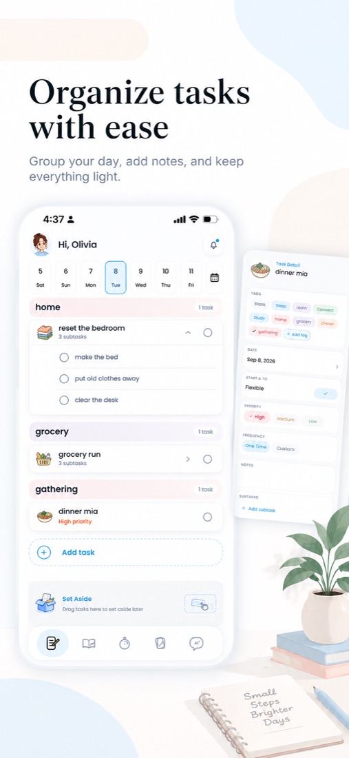 Gently task list grouped by day and tag